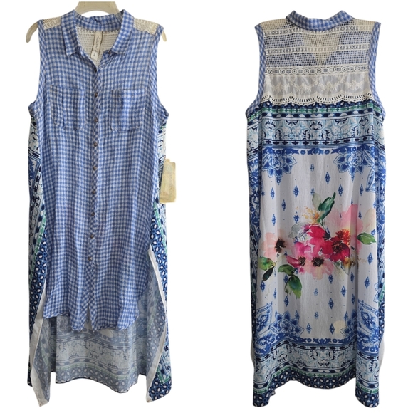 NWT Aratta Silent Journey Isola Bella Linen Cotton Gingham Tunic Duster Blue LRG - Picture 3 of 8